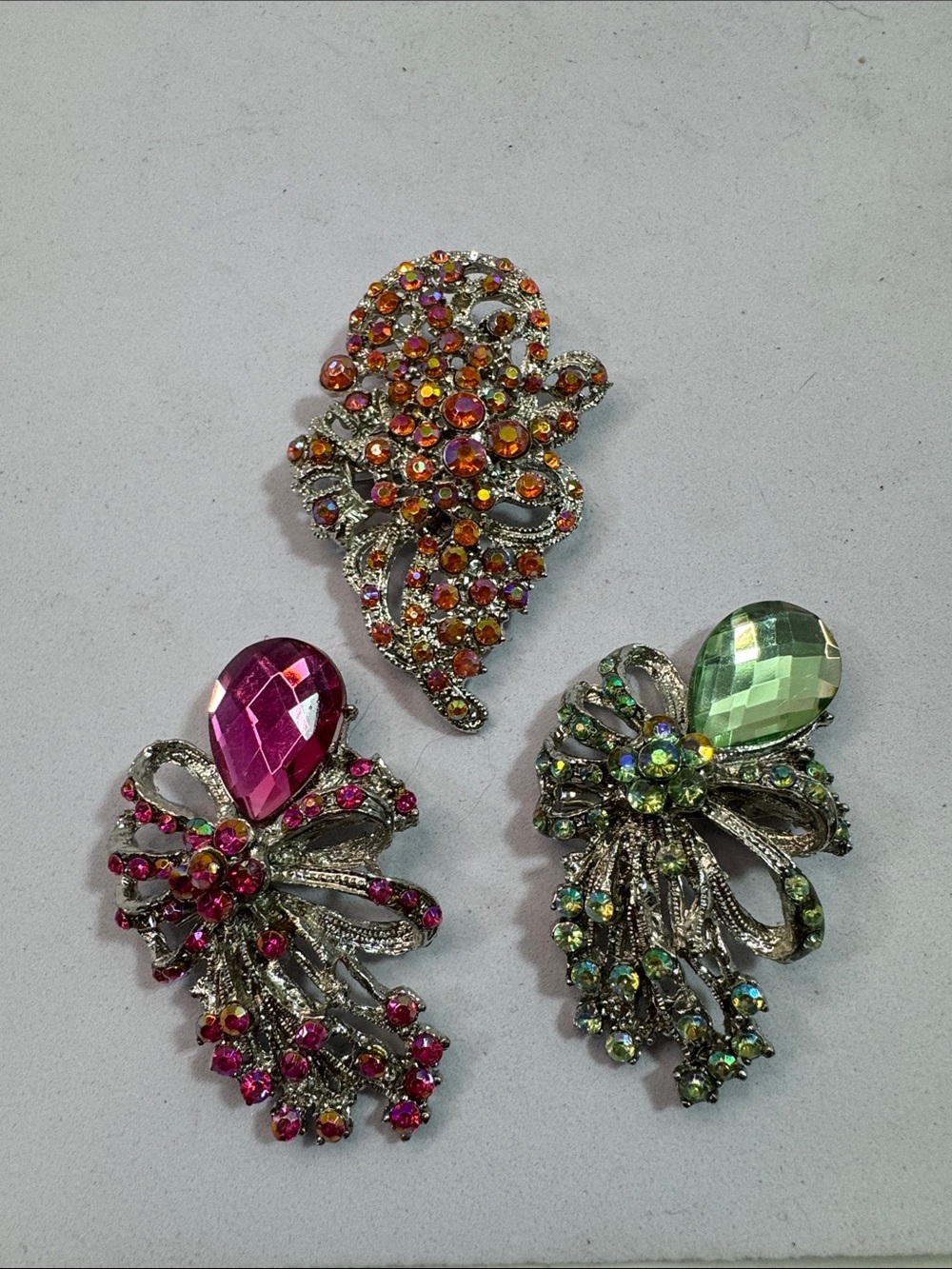 Multi-Color Crystal Brooch Set – Pink, Orange & Green Accents